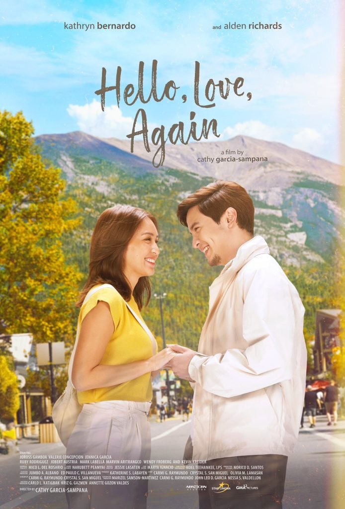 A movie cover which shows a man and woman looking at each other and smiling